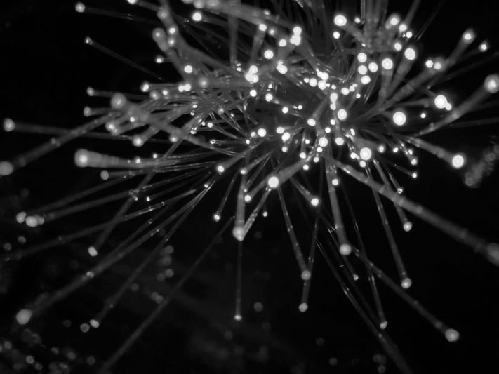 Abstract image of glowing fiber optic strands against a dark background, resembling a burst of light or stars.