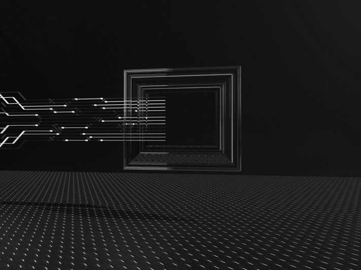 Abstrakcyjny obraz wzoru cyfrowego obwodu rozciągającego się w ciemny, kwadratowy tunel na kropkowanej powierzchni, przekazujący futurystyczny motyw.