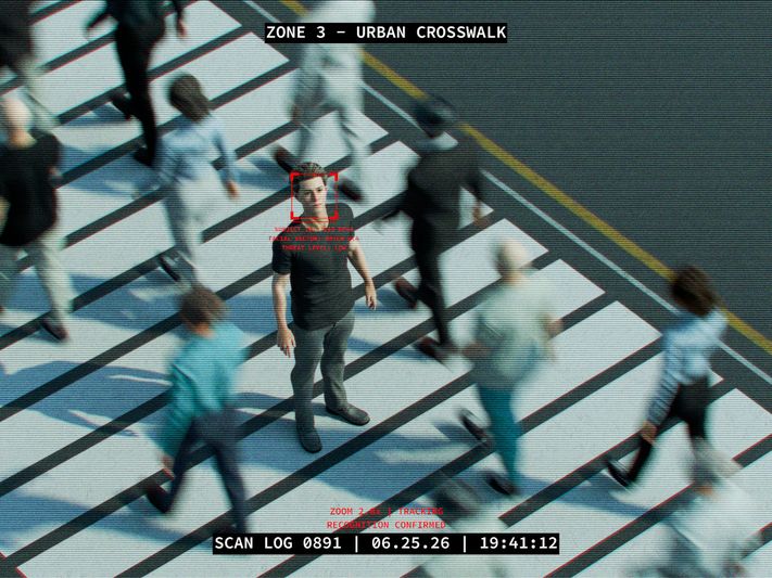 foto de vigilancia urbana de peatones en los pasos de peatones, en un marco rojo se señala la cara de uno de los peatones