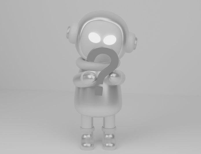 A 3D robot holding a large question mark, with glowing eyes and headphones, stands on a plain background.