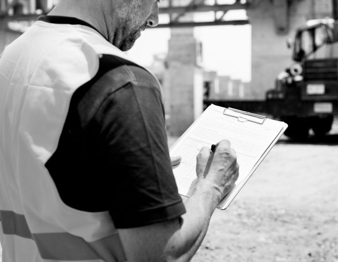 Fotografía en blanco y negro de un trabajador de la construcción con una obra como fondo.
