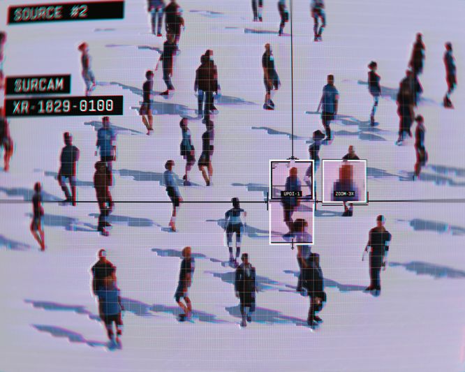 Surveillance camera view of numerous people walking, with digital overlays highlighting specific individuals and camera source information.