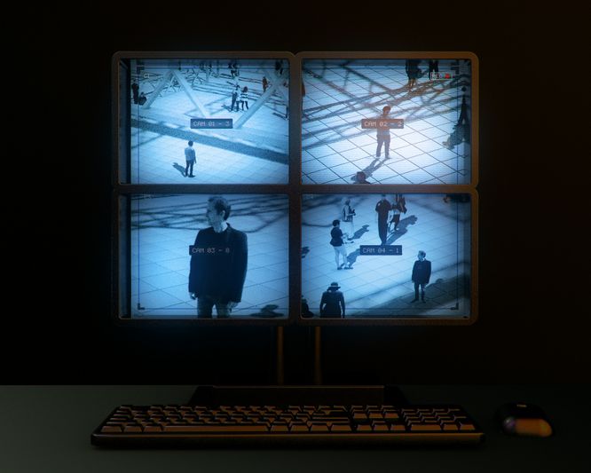 foto de un monitor en el que se muestran cuatro pantallas de vigilancia urbana
