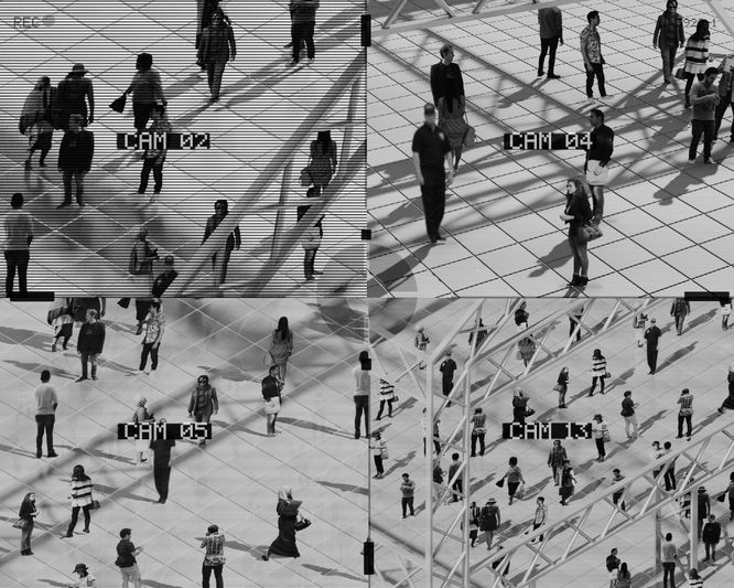 Quatre vues de caméras de surveillance montrant des personnes marchant sur une surface quadrillée, avec des ombres projetées sur le sol.