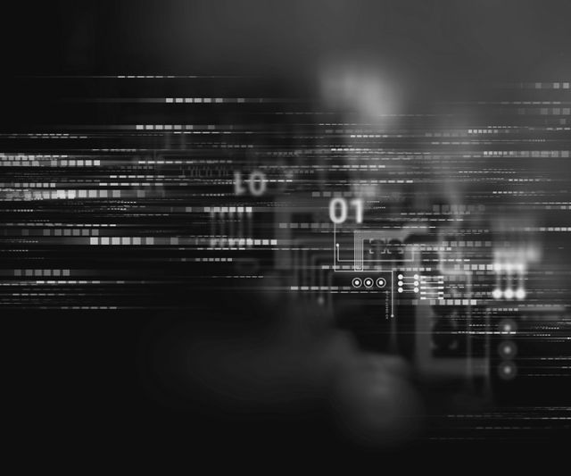 An abstract digital background in shades of gray, featuring horizontal lines, binary code, and electronic circuit patterns that create a futuristic, tech-style look.