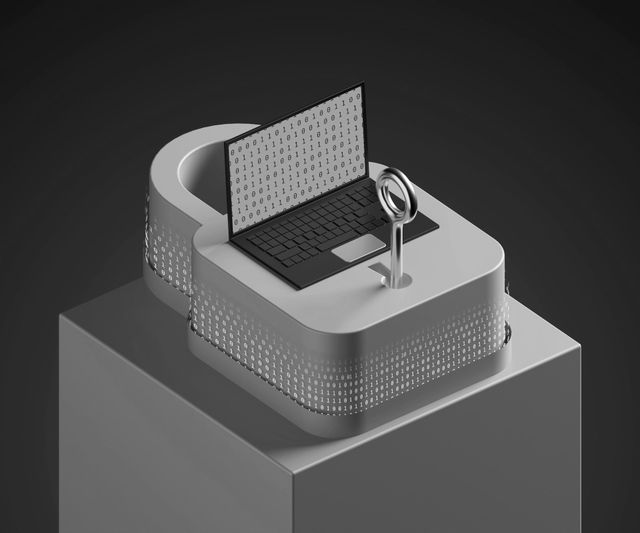 A laptop with binary code on the screen is placed on a large padlock with a key inserted, symbolizing cybersecurity.