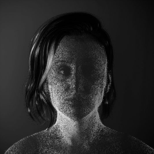 Un portrait en niveaux de gris du visage d'une femme, composé de particules numériques, sur fond sombre, avec des cheveux courts et ondulés.