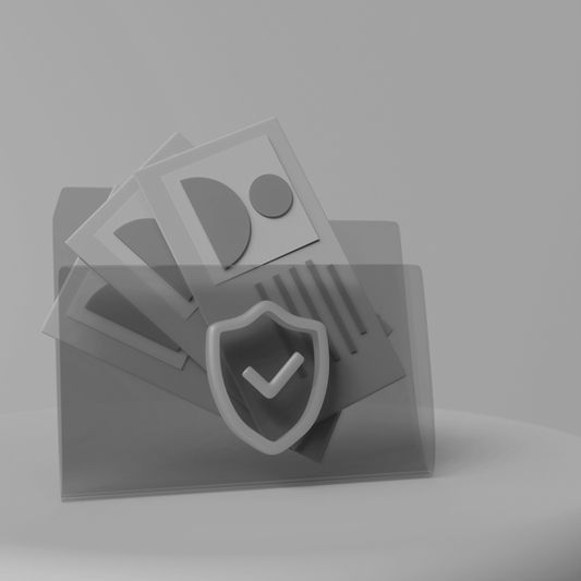 A transparent folder with documents and a shield symbol with a checkmark, representing security and protection. Grayscale image.