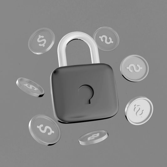Un cadenas gris entouré de pièces transparentes flottantes avec des signes dollar sur un fond gris.