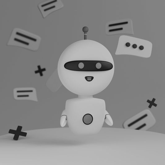 Un robot mignon et souriant avec une seule antenne se tient entouré de bulles de discussion flottantes et de signes plus dans un décor monochrome.