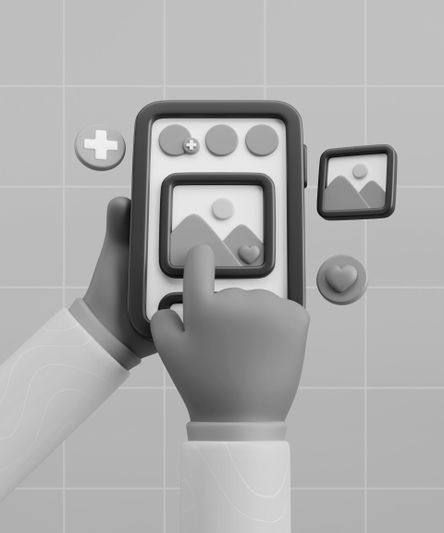 A 3D illustration showing hands using a smartphone, featuring plus sign, heart, and image icons. A minimalist gray design set against a checkered background.