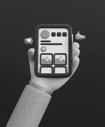 A 3D illustration showing a hand holding a smartphone displaying a social media interface on its screen, with icons and "like" and heart symbols floating nearby.