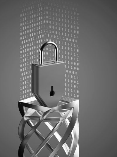 Ein Vorhängeschloss auf einem Spiralständer mit Binärcode im Hintergrund, das digitale Sicherheit und Verschlüsselung symbolisiert.