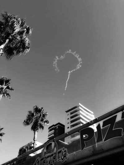 A smoke ring in the clear sky above palm trees and buildings, with a partially visible sign. Black-and-white photograph.