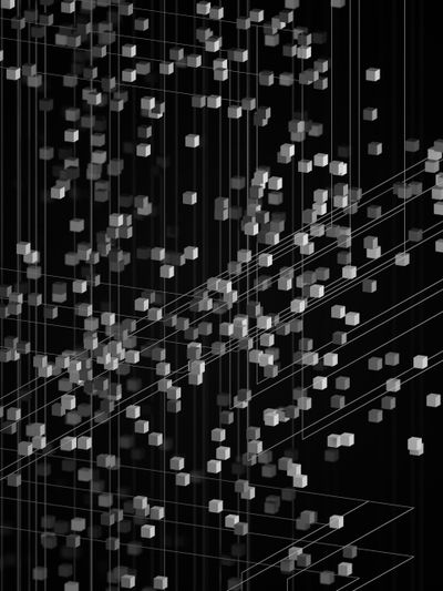 Image abstraite avec des cubes gris flottants et des lignes qui se croisent sur un fond noir, créant une sensation de profondeur et de mouvement.