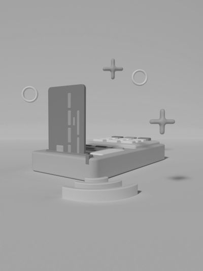 Abstrakcyjna wizualizacja 3D futurystycznego urządzenia o geometrycznych kształtach, w tym prostokątnego panelu i unoszących się znaków plus, w skali szarości.