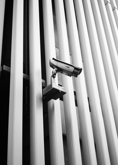 Caméra de sécurité montée sur un mur avec des barres métalliques verticales, capturant une esthétique moderne et industrielle en noir et blanc.
