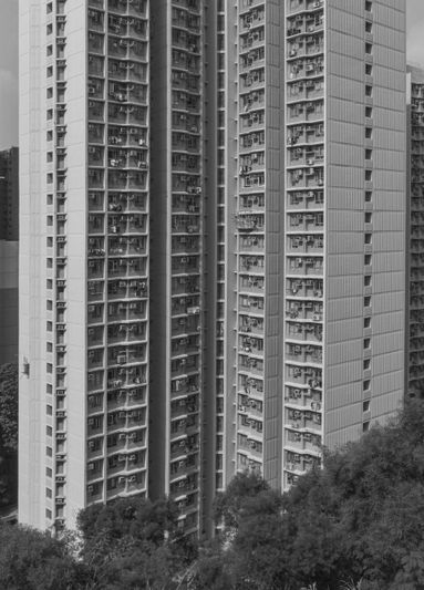 Photo en noir et blanc d’un grand immeuble résidentiel avec de nombreux balcons, niché au milieu des arbres.
