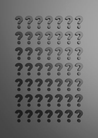 Une grille de points d'interrogation noirs sur fond gris, régulièrement espacés en lignes et en colonnes, créant un motif.