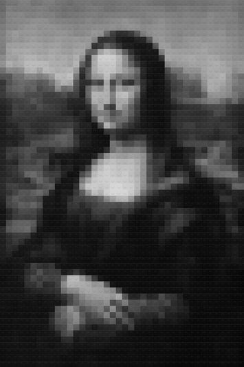 Image pixelisée d'un tableau célèbre, ressemblant à une mosaïque composée de petits carreaux carrés en niveaux de gris.