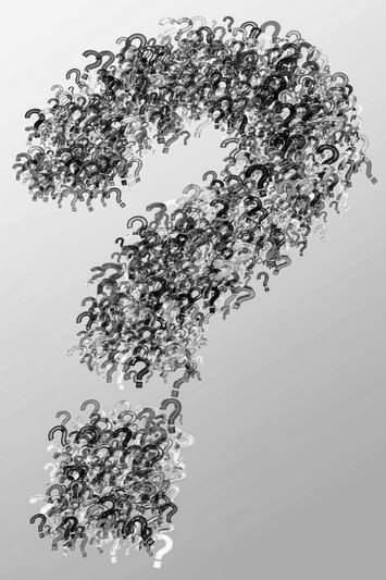Un grand point d’interrogation composé de multiples petits points d’interrogation en niveaux de gris, créant un effet texturé sur un fond clair.