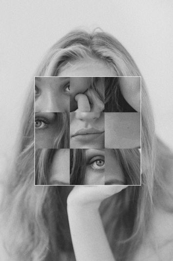 Collage of black and white facial features, including eyes, nose, and lips, overlaid on a woman's face with long hair.