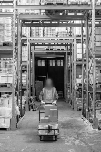 Black-and-white photo of a person in a safety vest pushing a loaded cart down a warehouse aisle lined with tall shelving.