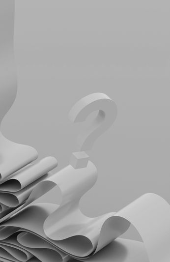 Scène 3D grise abstraite avec un point d'interrogation flottant et des structures ondulées et superposées ressemblant à du papier sur un fond lisse.