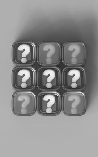 Neuf cubes de points d'interrogation 3D disposés en grille sur fond gris.