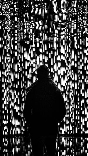 Silhouette d'une personne face à un mur de lumières verticales en cascade, créant une atmosphère futuriste et immersive.