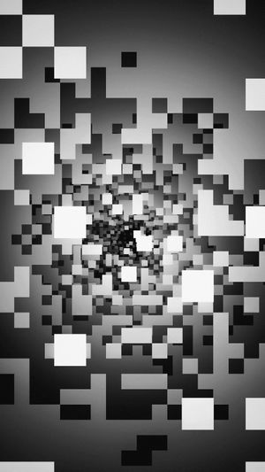 Image abstraite d'un motif en spirale pixellisé avec différentes nuances de gris, créant une sensation de profondeur et de mouvement.