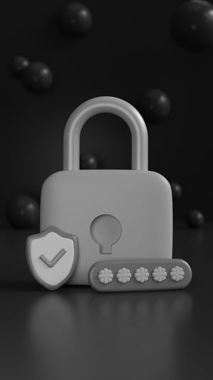 Cadenas gris avec un bouclier et des icônes de mot de passe sur un fond sombre avec des sphères flottantes, symbolisant la sécurité et la protection.