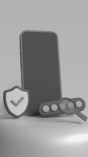 3D-Illustration eines Smartphones mit Sicherheits-Icons: ein Schild mit Häkchen, eine Passwortleiste und eine Lupe, auf grauem Hintergrund.