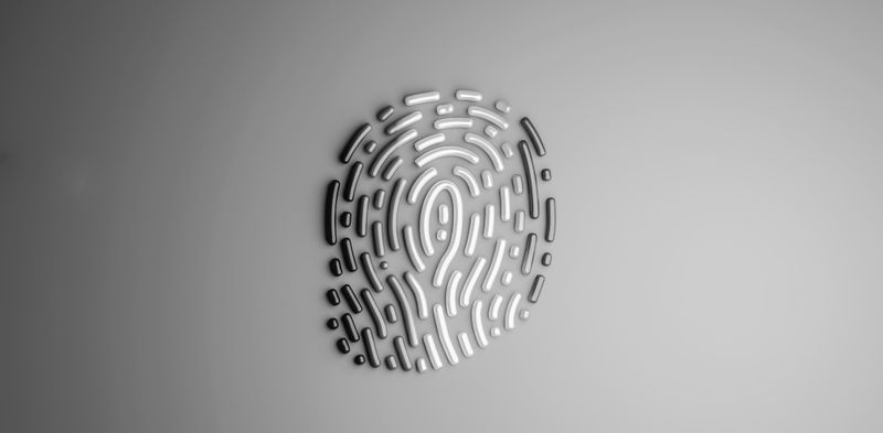 Un diseño de huella dactilar abstracto en 3D en blanco y negro sobre un fondo gris claro, que simboliza la identidad y la seguridad.