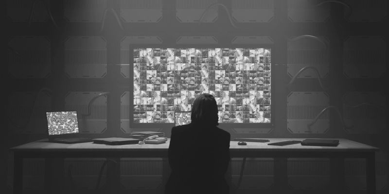 Person sitting at a desk in a dimly lit room, facing a large screen displaying numerous small images, with two smaller screens on the desk.