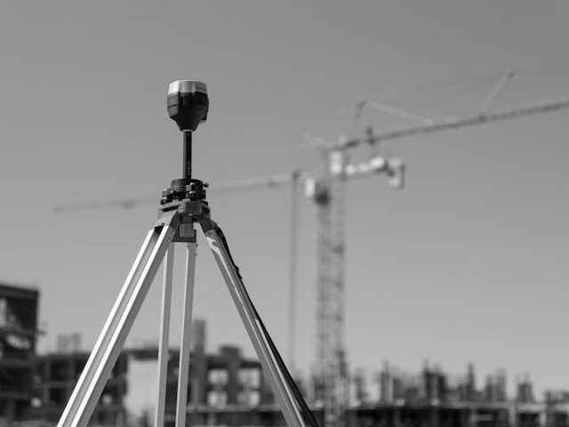 Vermessungsstativ mit Ausrüstung im Vordergrund, Baustelle und Kräne im unscharfen Hintergrund, unter klarem Himmel.