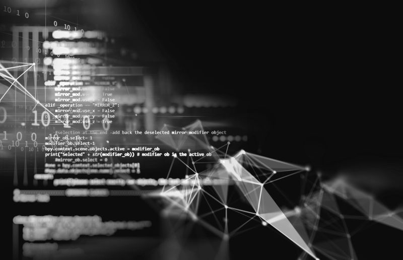 Fondo digital abstracto con código de computadora y líneas geométricas, creando una atmósfera tecnológica futurista en tonos blanco y negro.