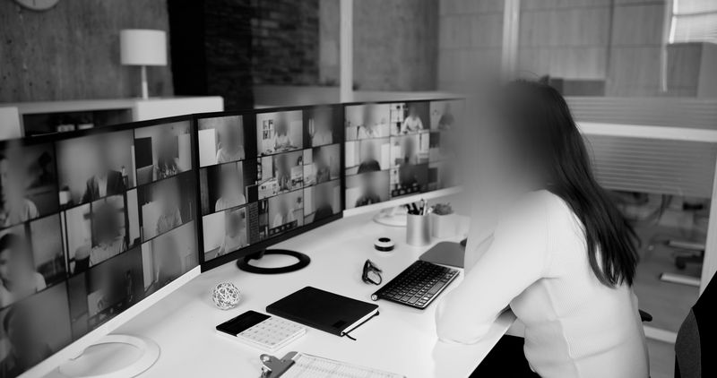 Person at desk with multiple monitors displaying blurred video call participants, notebooks, keyboard, and a calculator on the desk.