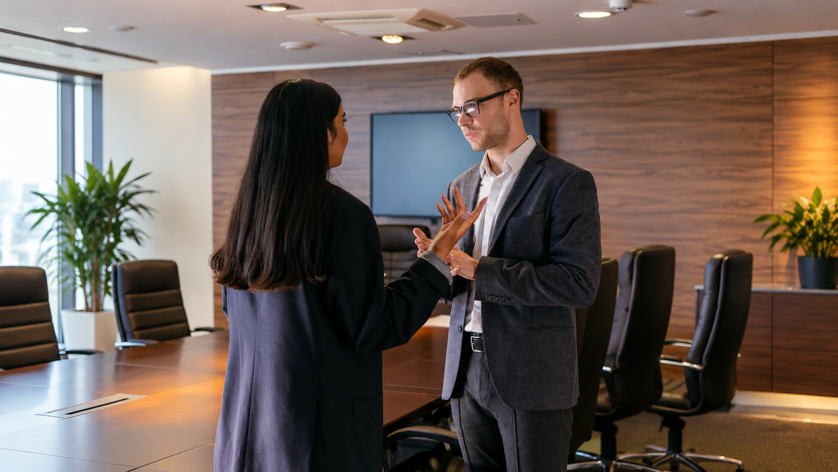 Two business professionals having a conversation in a modern conference room with chairs, a large table, and plants in the background.