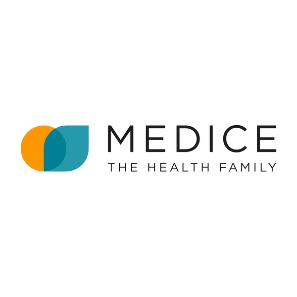 Logo von MEDICE – The Health Family. Links ein grafisches Symbol aus einem orangefarbenen Halbkreis und einem blauen Blattelement, rechts daneben der Schriftzug ‚MEDICE – The Health Family‘ in schwarzer Schrift.