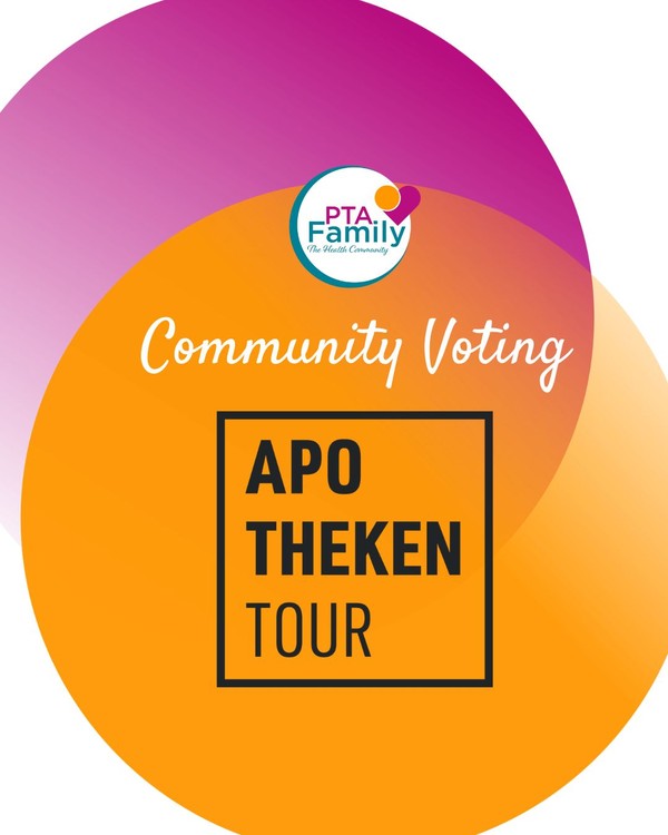 Multicolored circular design with "PTA Family" logo and "Community Voting Apo Theken Tour" text in bold and elegant fonts.