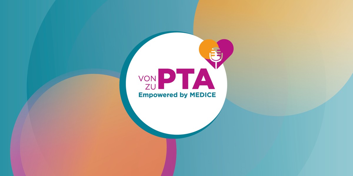 Colorful abstract background with the text "Von zu PTA, Empowered by MEDICE" in a circular design featuring a heart and microphone icon.