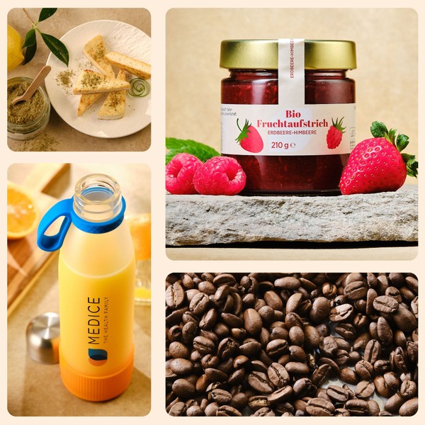 Collage aus frischem Brot mit Kräutern, Erdbeermarmelade, einer Flasche Saft und Kaffeebohnen.