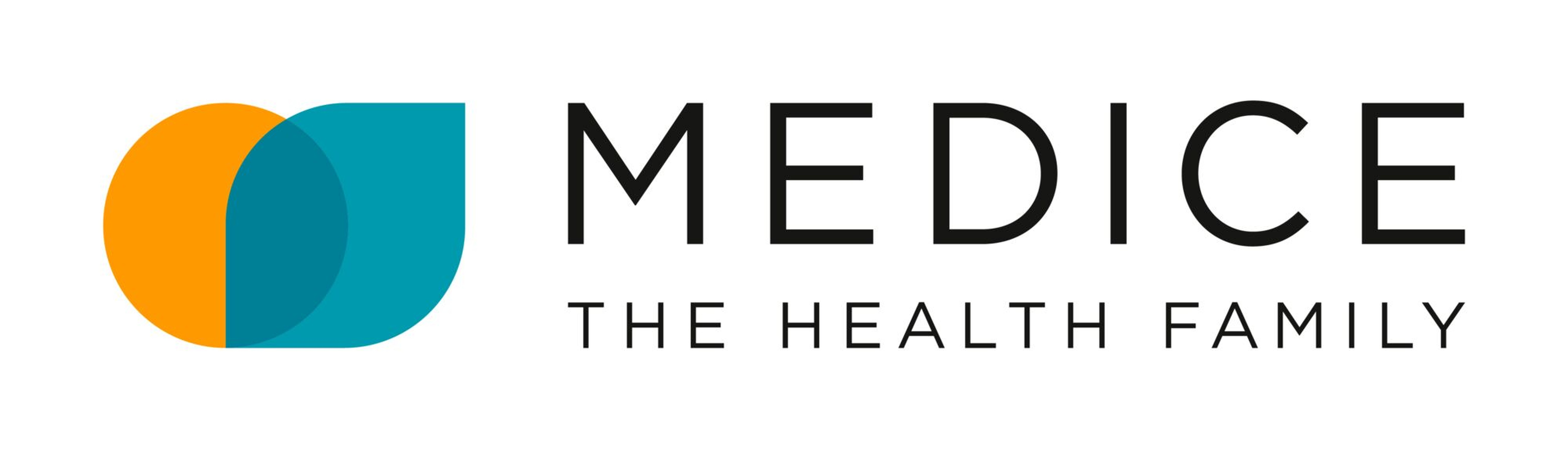 Logo von Medice mit überlappenden orangefarbenen und türkisfarbenen Formen links und dem Text „MEDICE The Health Family“ rechts.
