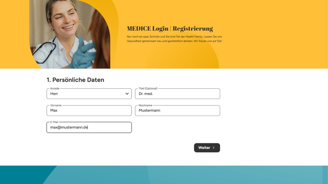 MEDICE Login- und Registrierungsseite: Formular zur Eingabe persönlicher Daten wie Anrede, optionalem Titel, Vorname, Nachname und E-Mail.