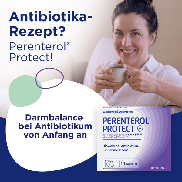 Smiling woman holding a cup, with Perenterol Protect packaging and text promoting gut balance with antibiotics.