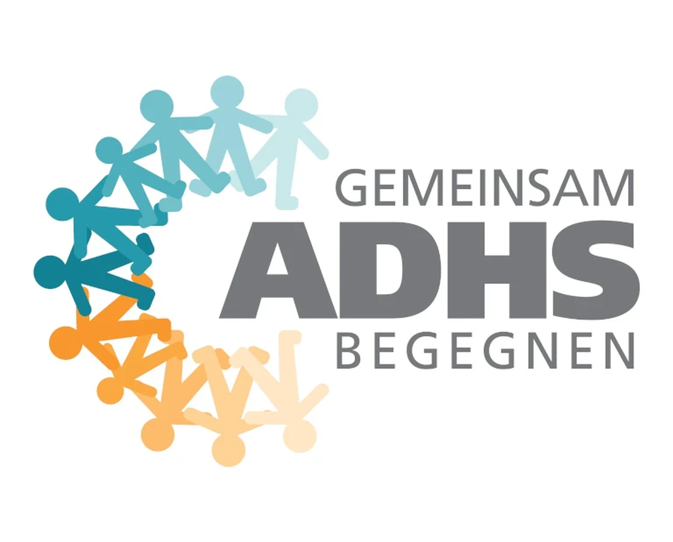 Rundes Design mit blauen und orangefarbenen Figuren, die Händchen halten, und dem Text „GEMEINSAM ADHS BEGEGNEN“ in fetten grauen Buchstaben..