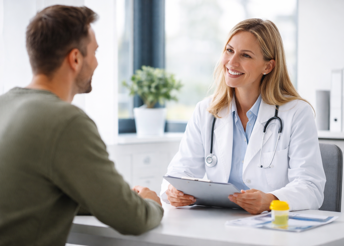 Ärztin im Gespräch mit Patient in einer modernen medizinischen Praxis zur Terminvereinbarung und Beratung