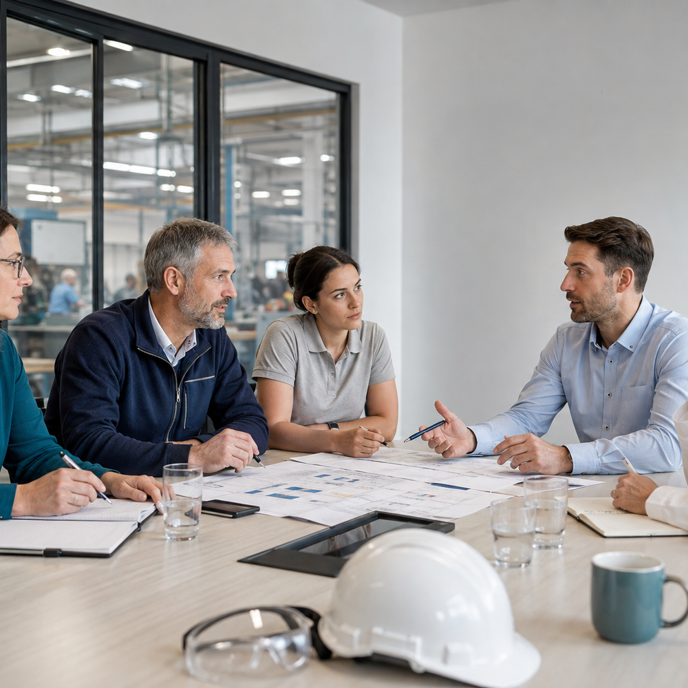 Mitglieder eines Arbeitsschutzausschusses besprechen gemeinsam Maßnahmen für Sicherheit und Gesundheit bei der Arbeit.