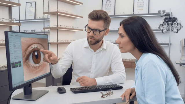 Mann und Frau während Kontaktlinsen-Kontrolle